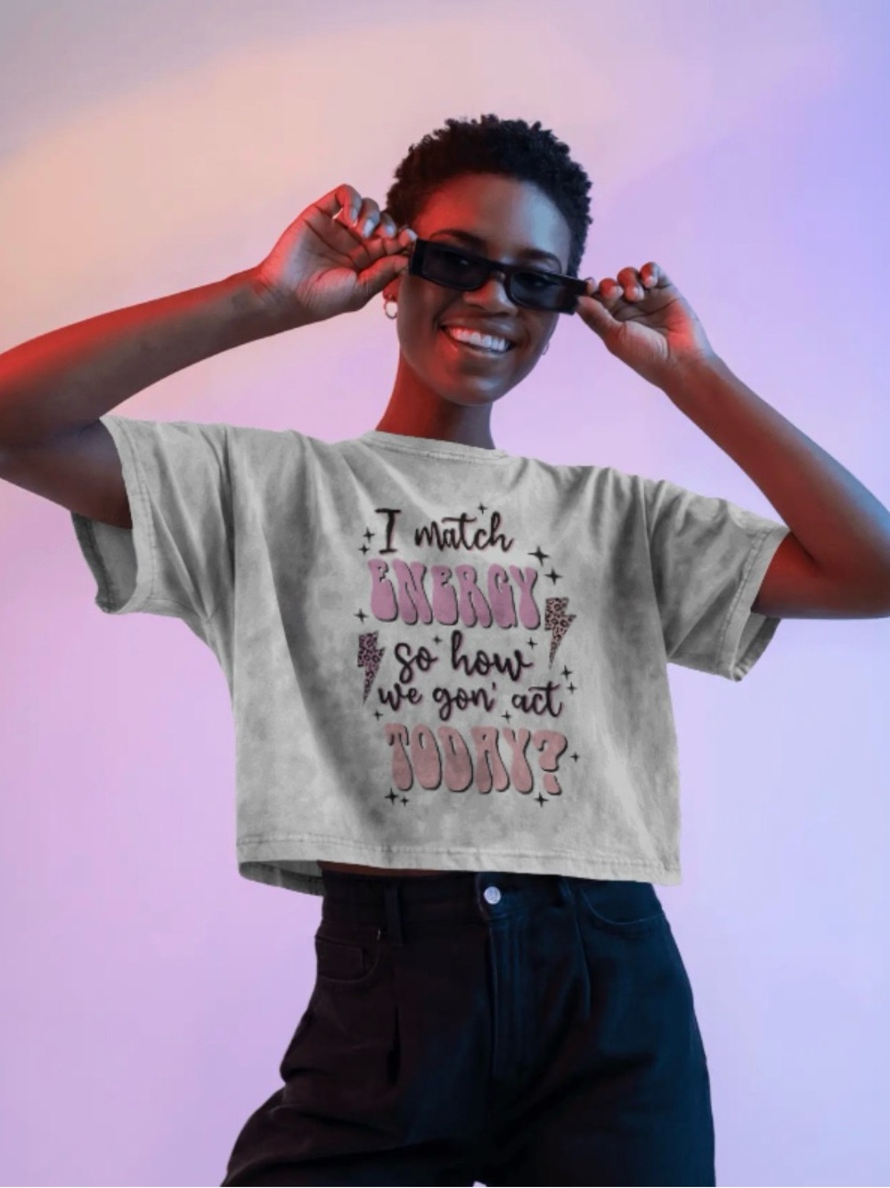 Graphic Crop Tee - I Match Energy Crop Top in Light Gray